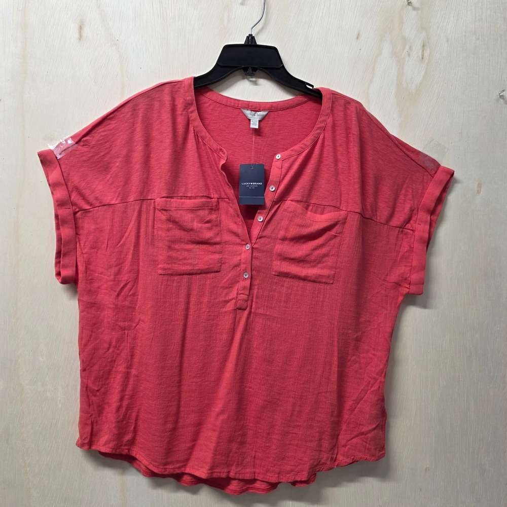 Lucky Brand Womens Coral Pink Henley Short Sleeve Pocket Top Size XL NEW